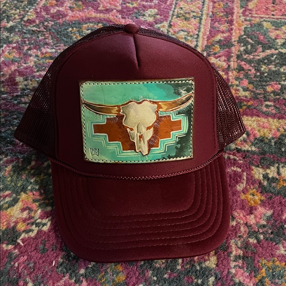 HDWest Leather -Burgundy Trucker Hat with hand painted leather Bull Skull Patch